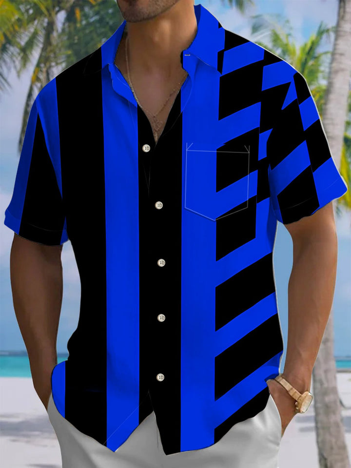 Alohadaddy® Casual Stripe Geometric Contrast Art Print Chest Pocket Men&