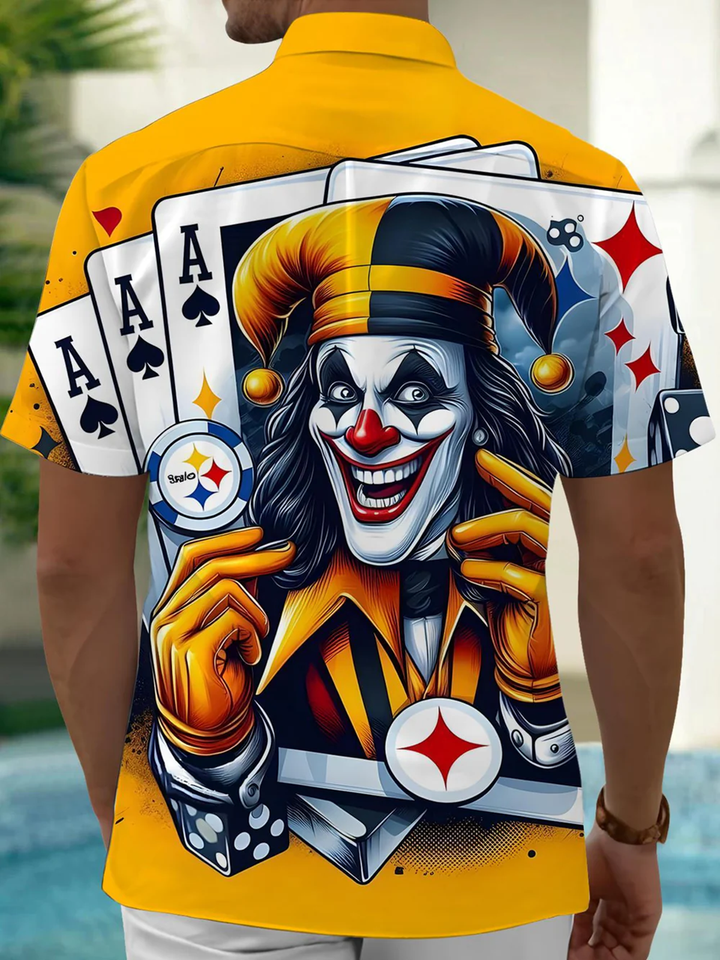 Alohadaddy® Vintage Joker Poker Art Print Chest Pocket Stretch Men&