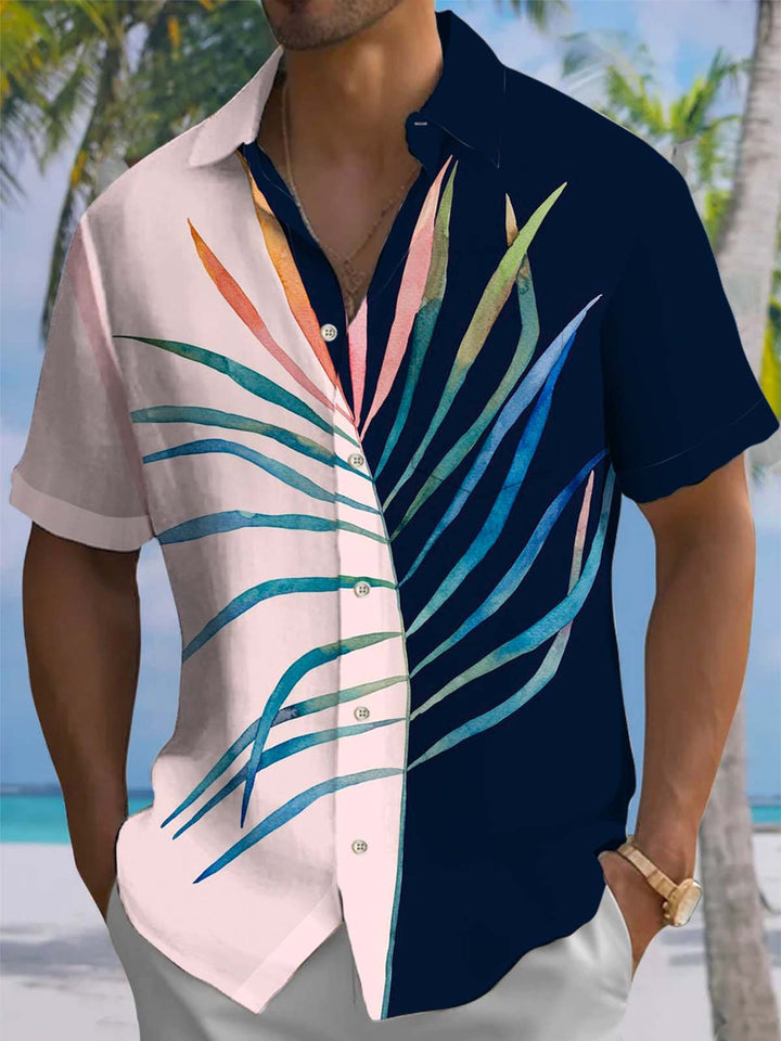 Alohadaddy® Hawaiian Palm Leaf Art Print Chest Pocket Stretch Men&