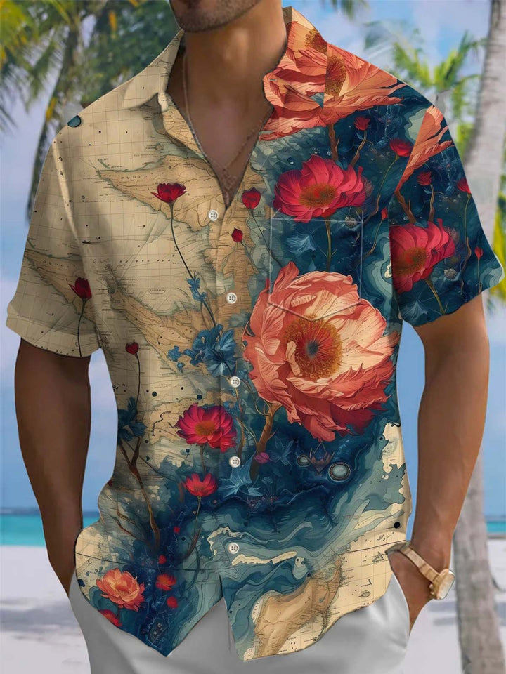 Alohadaddy® Vintage Floral Art Print Chest Pocket Stretch Men&