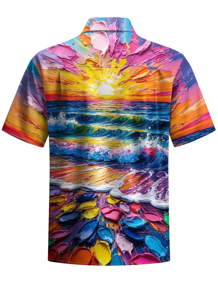 Alohadaddy® Acrylic Painting Beach Print Art Elastic Pocket Button Men&