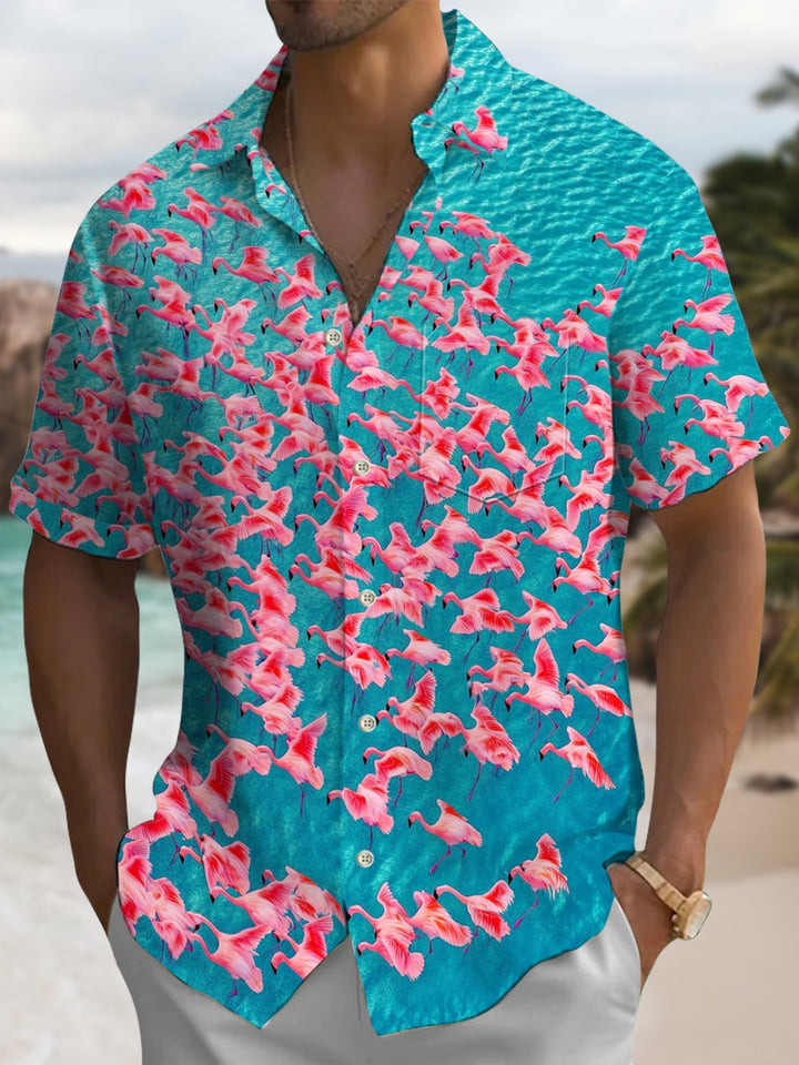 Alohadaddy® Hawaiian Flamingo Print Pocket Elastic Button Men&