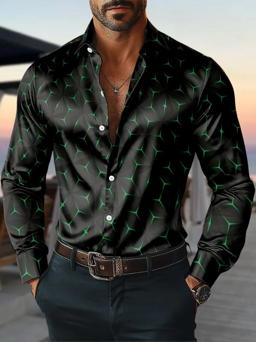 Alohadaddy® Casual Geometric Print Glossy Elastic Button Men&