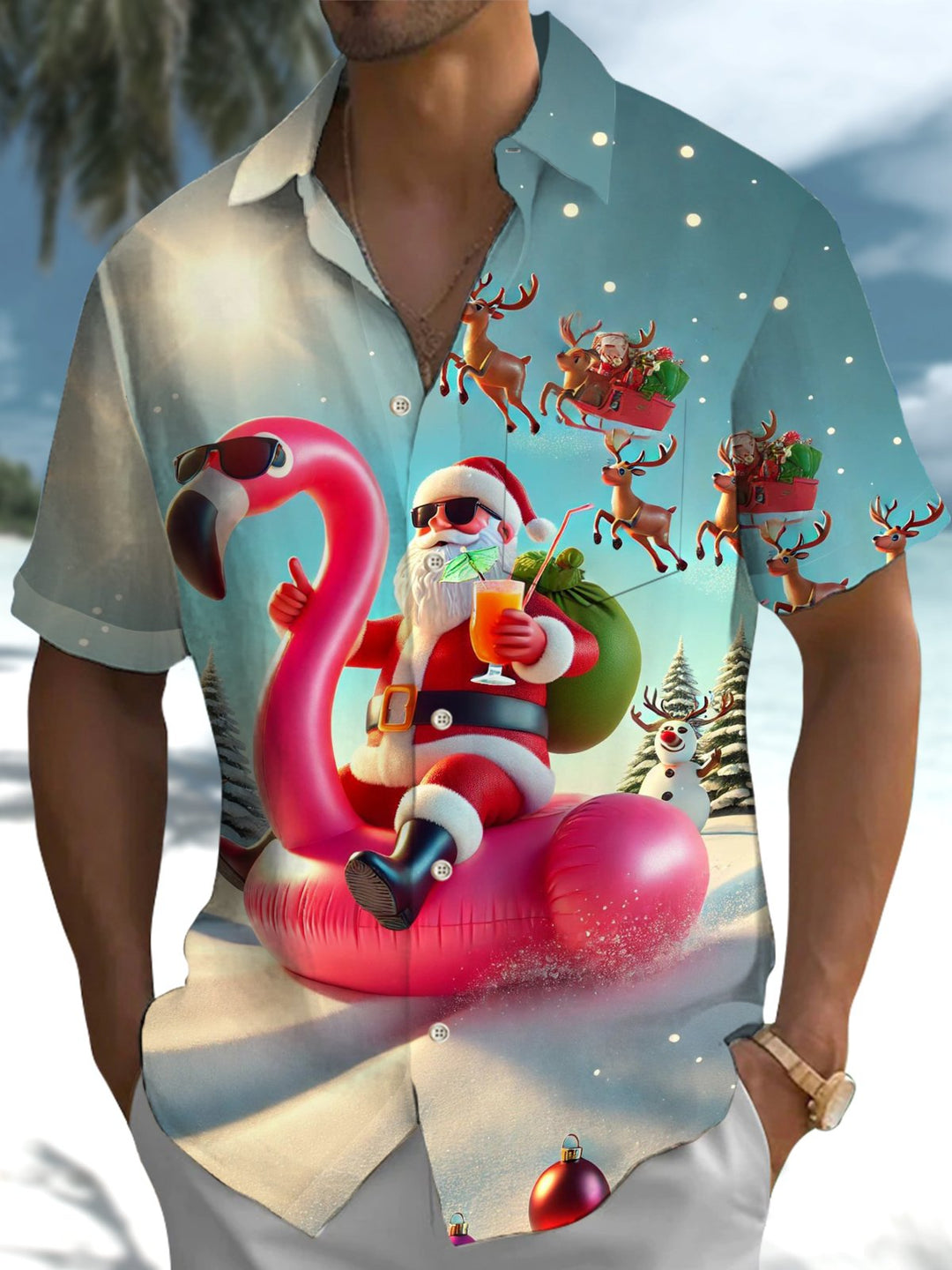 Alohadaddy® Christmas Flamingo Santa Print Pocket Stretch Men&