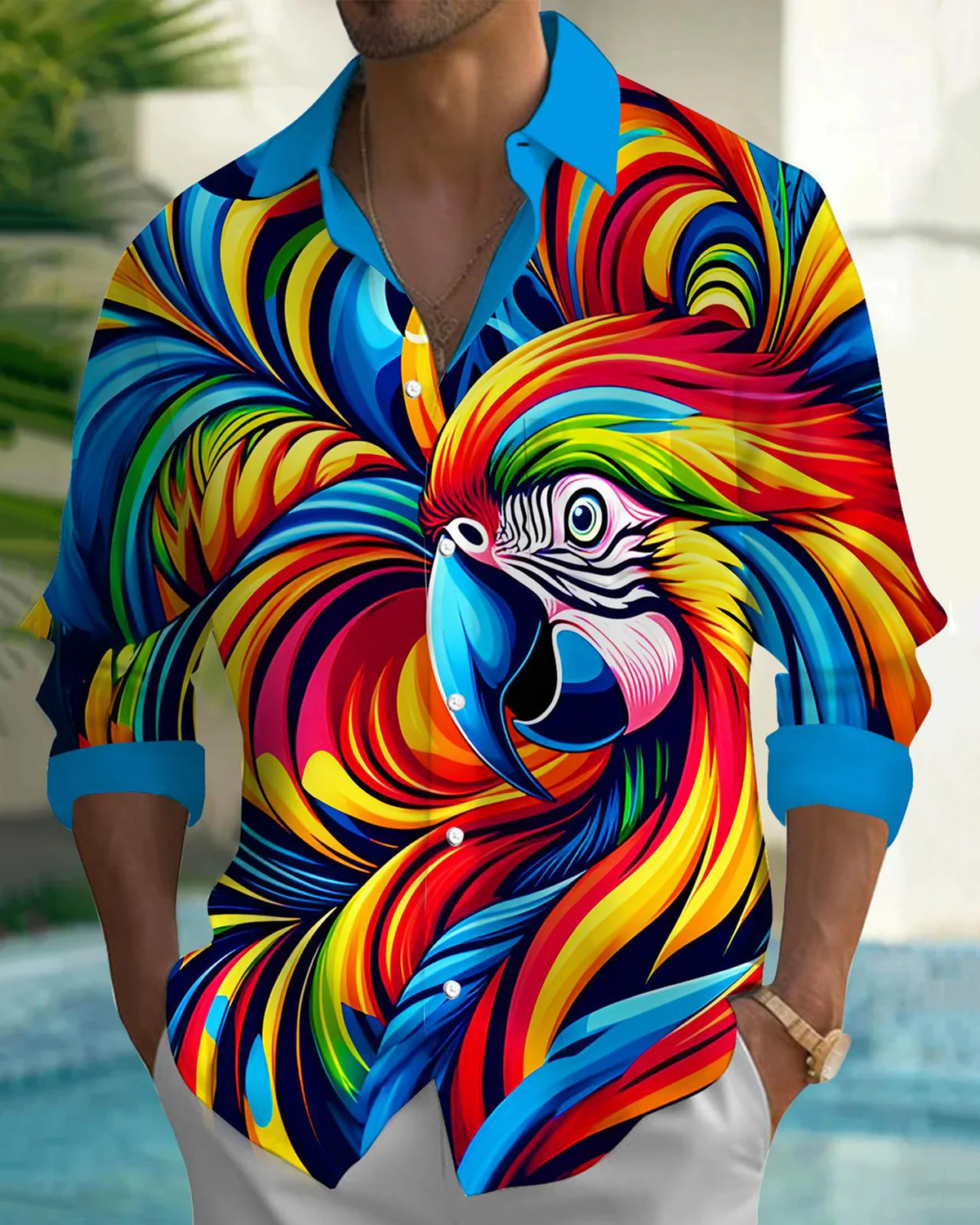 Alohadaddy® Casual Graffiti Parrot Print Pockets Elastic Button Closure Men's Long Sleeve Shirt Big & Tall