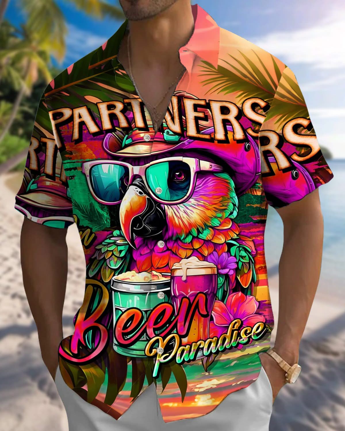 Alohadaddy® Hawaiian Parrot Vacation Pocket Elastic Button Men's Short Sleeve Shirt Big & Tall