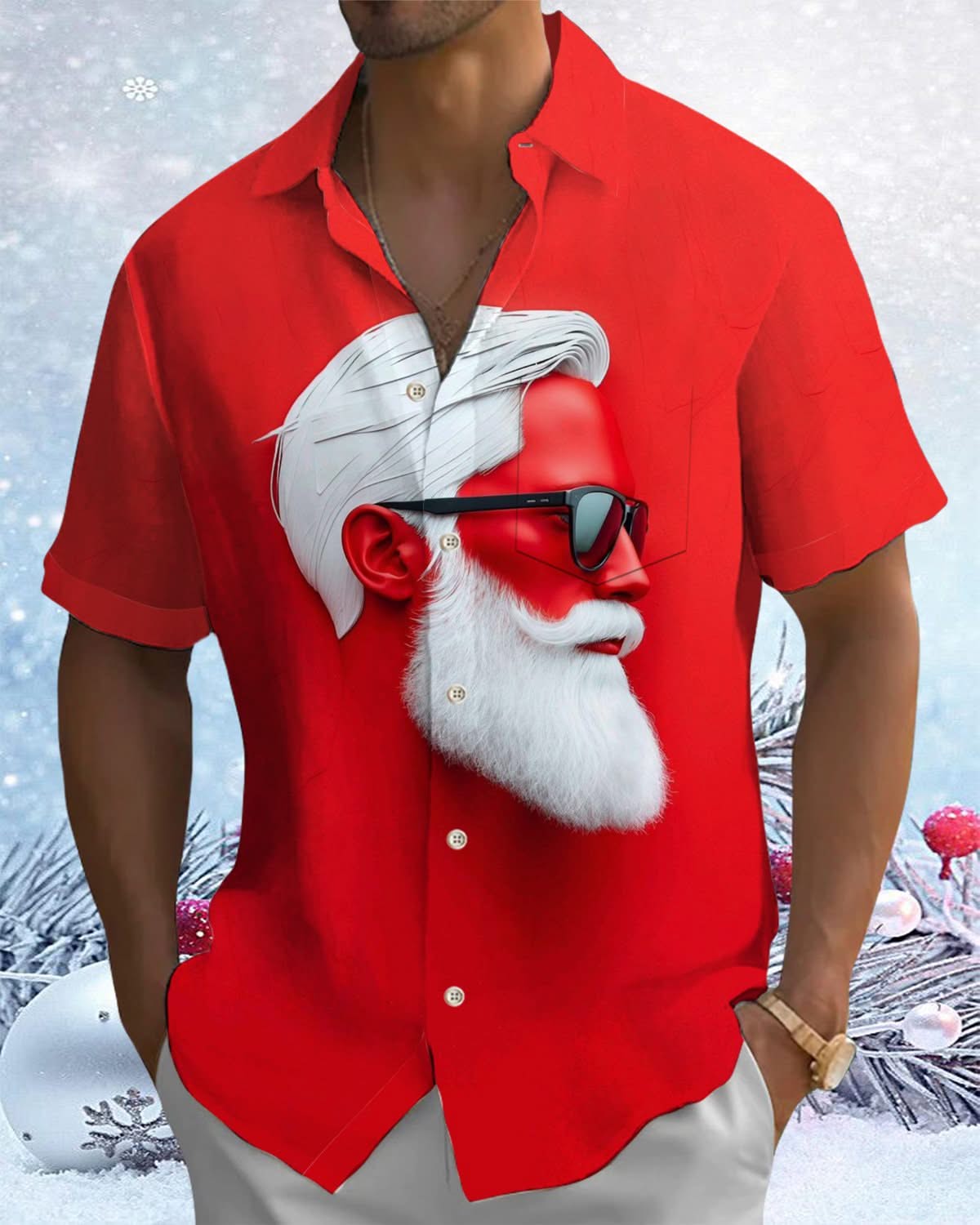 Alohadaddy® Christmas Portrait Red Printed Pocket Button Men's Short Sleeve Shirt Big & Tall
