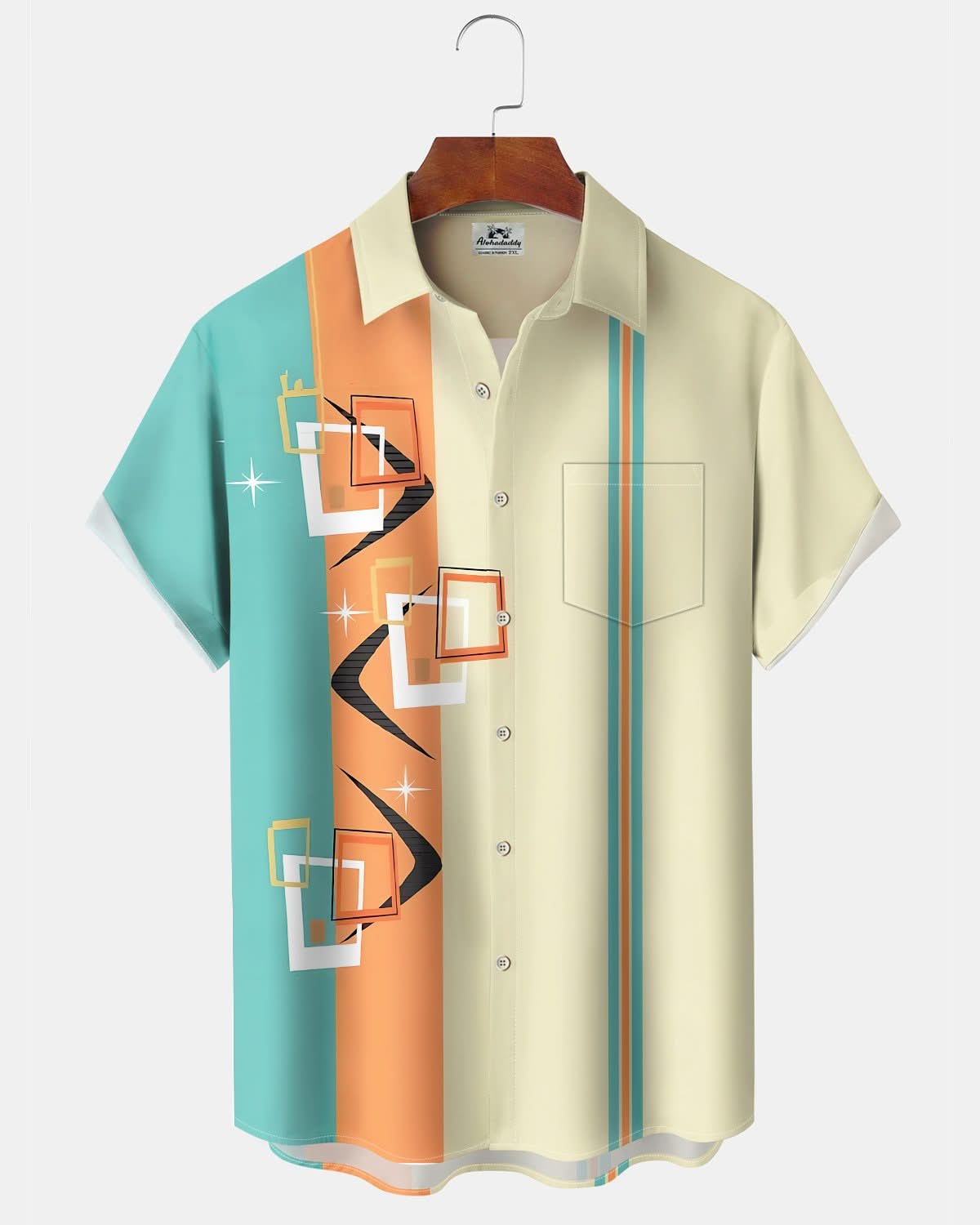 Alohadaddy® Retro Geometric Atomic Stripe Print Art Pocket Buttons Stretch Men's Short Sleeve Shirt Big & Tall