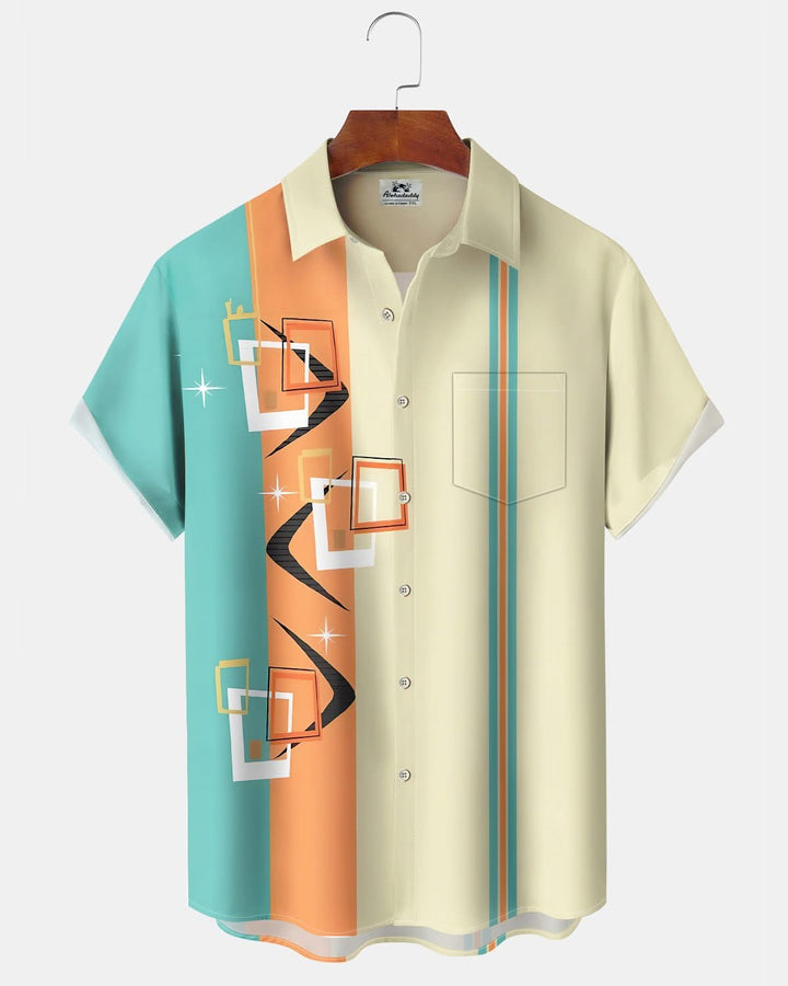 Alohadaddy® Retro Geometric Atomic Stripe Print Art Pocket Buttons Stretch Men&