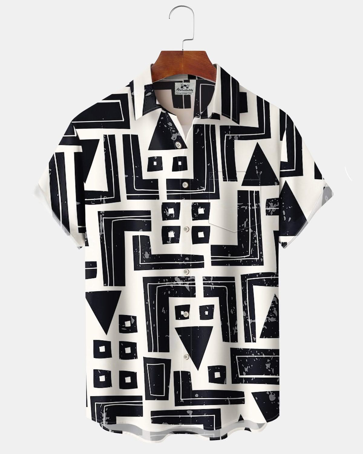 Alohadaddy® Retro Geometric Print Art Pocket Button Stretch Men's Short-Sleeve Shirt Big & Tall