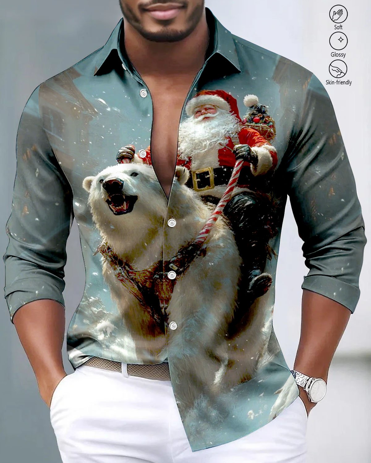 Alohadaddy® Satin Finish Christmas Santa Claus Print Art Stretch Button Men's Long Sleeve Shirt Big & Tall