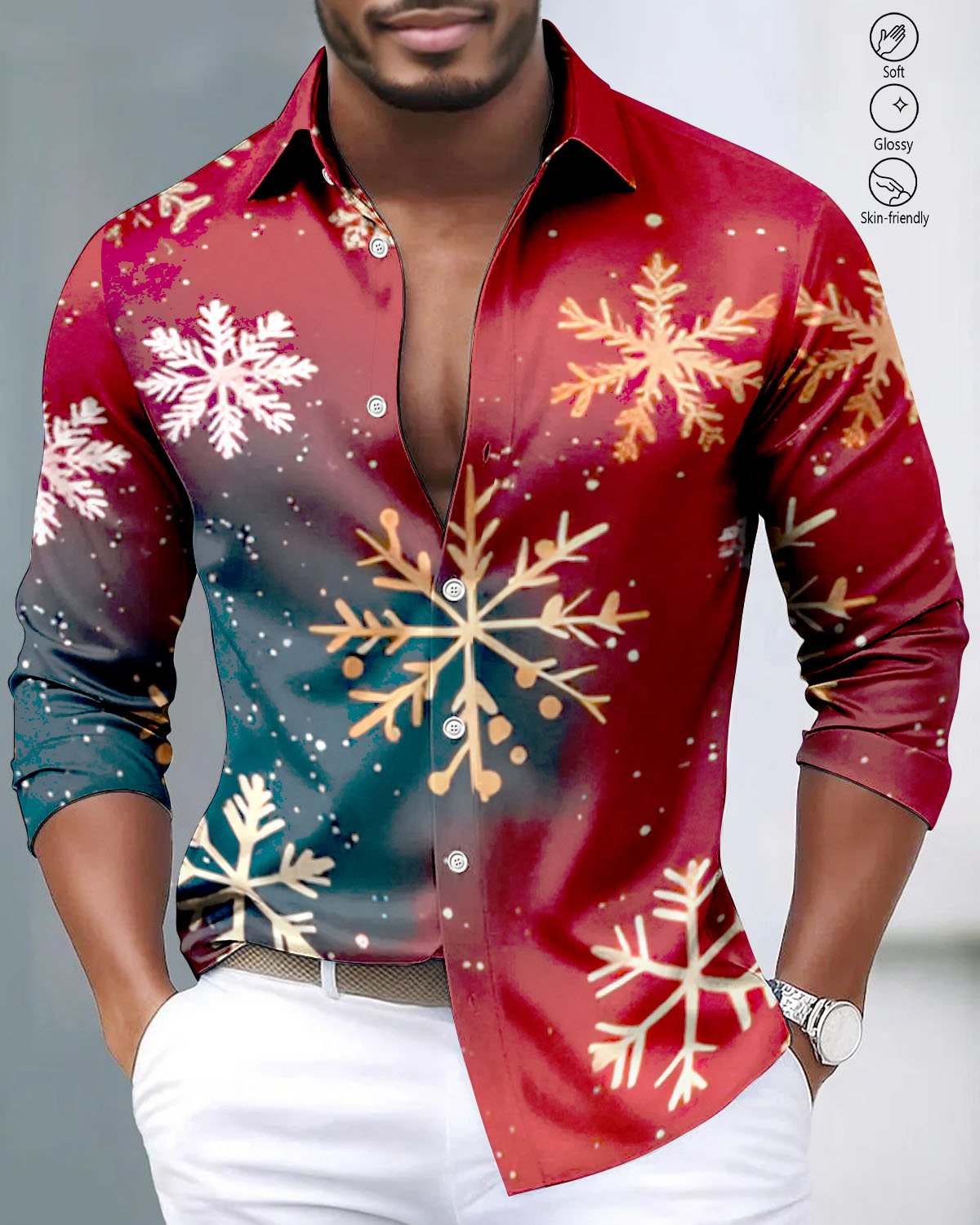 Alohadaddy® Satin Finish Gradient Snowflake Print Artistic Stretch Men's Long-Sleeve Shirt, Big & Tall