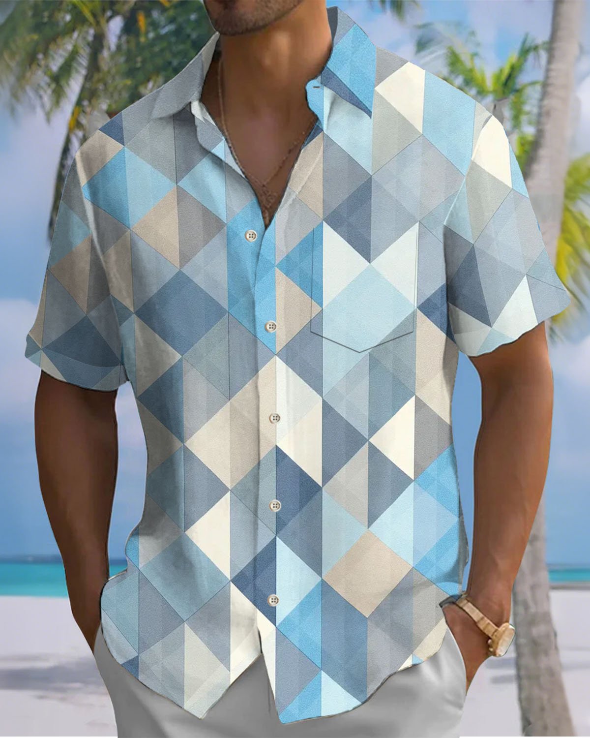 Alohadaddy® Retro Geometric Brick Print Art Stretch Button Pocket Men's Short Sleeve Shirt Big & Tall