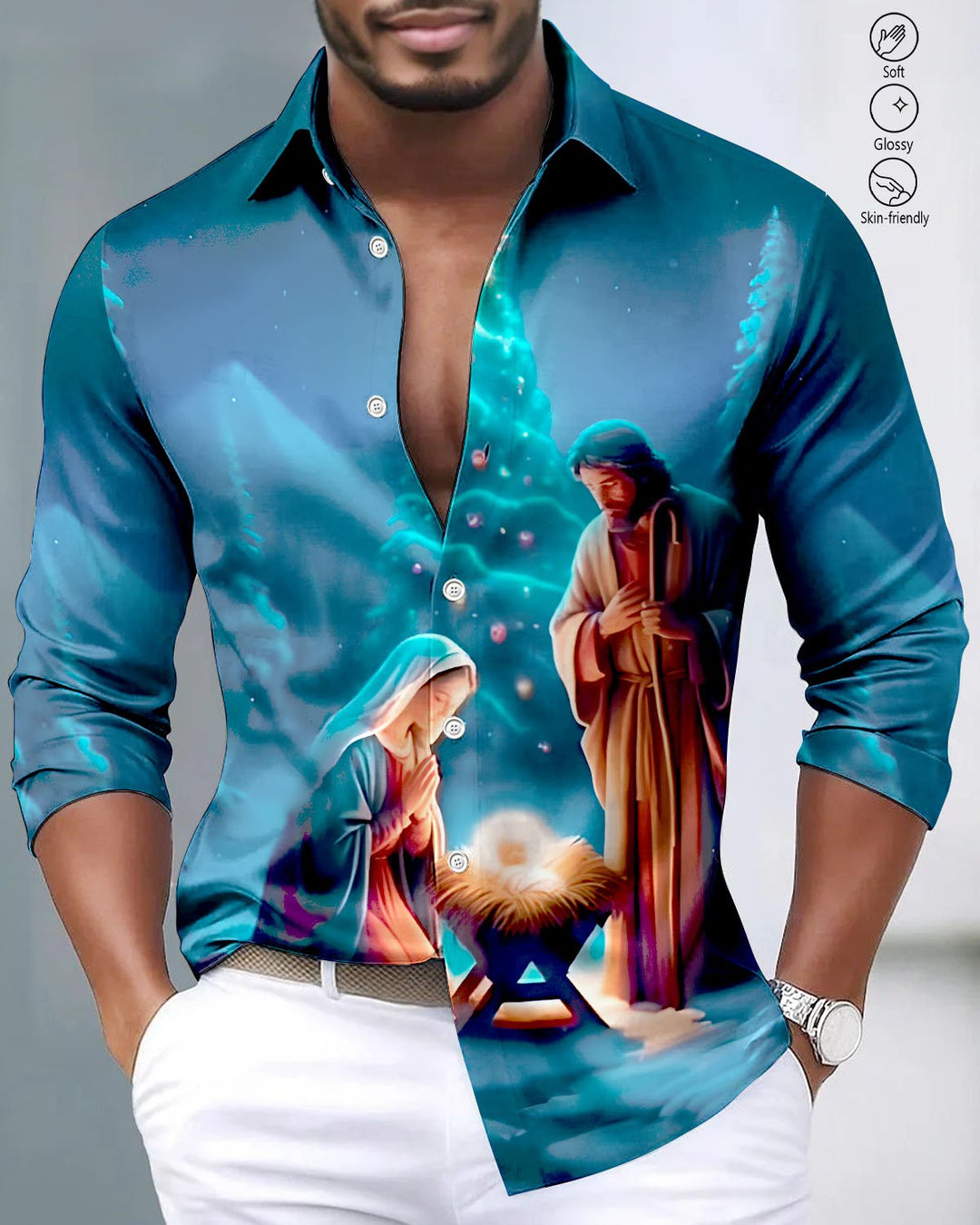 Alohadaddy® Satin Glossy Christmas Jesus and Leaf Print Button-Up Stretch Men&