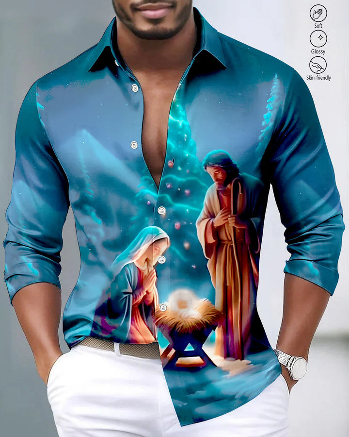 Alohadaddy® Satin Glossy Christmas Jesus and Leaf Print Button-Up Stretch Men&