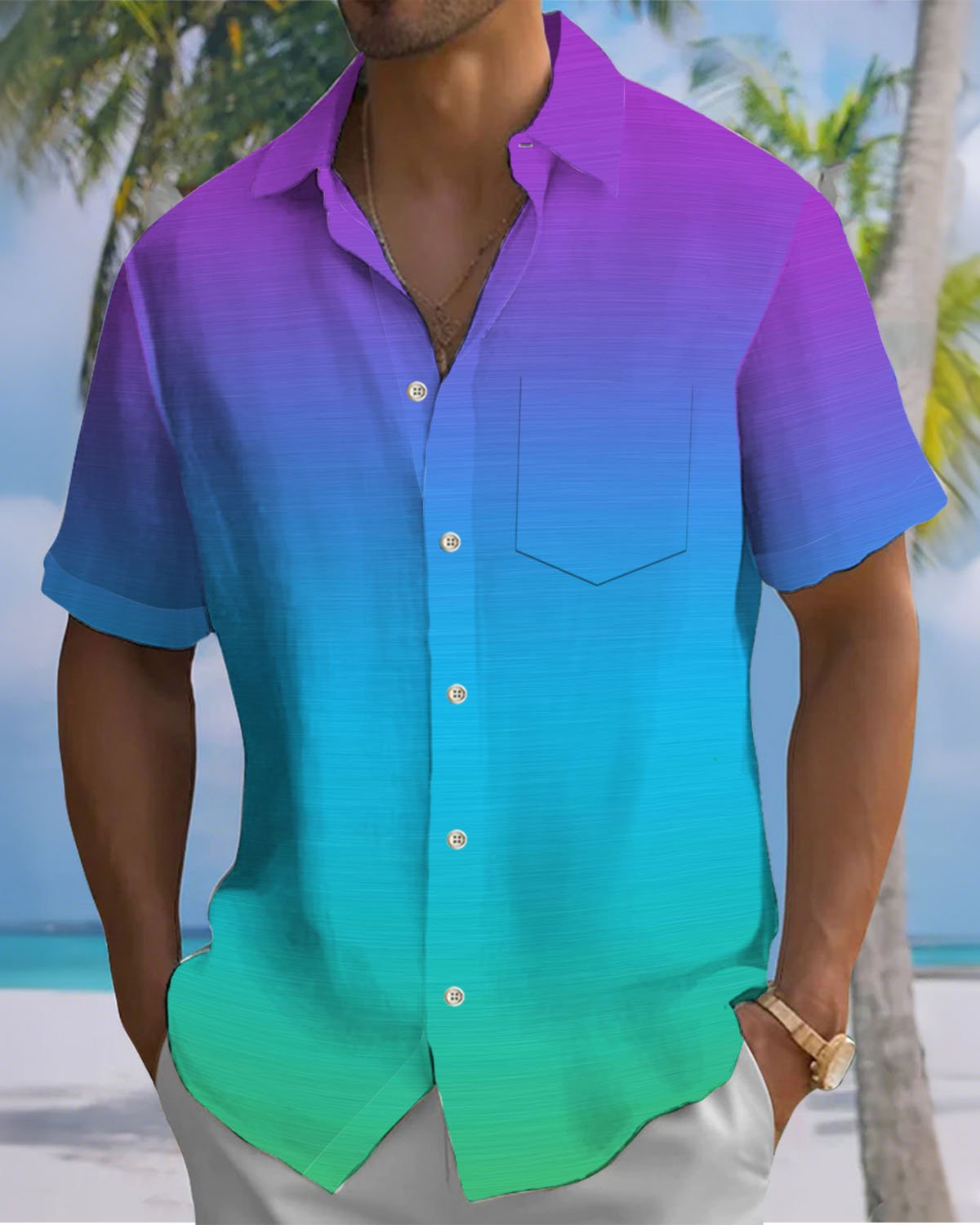 Alohadaddy® Casual Gradient Print Art Pocket Button Stretch Men's Short-Sleeve Shirt Big & Tall