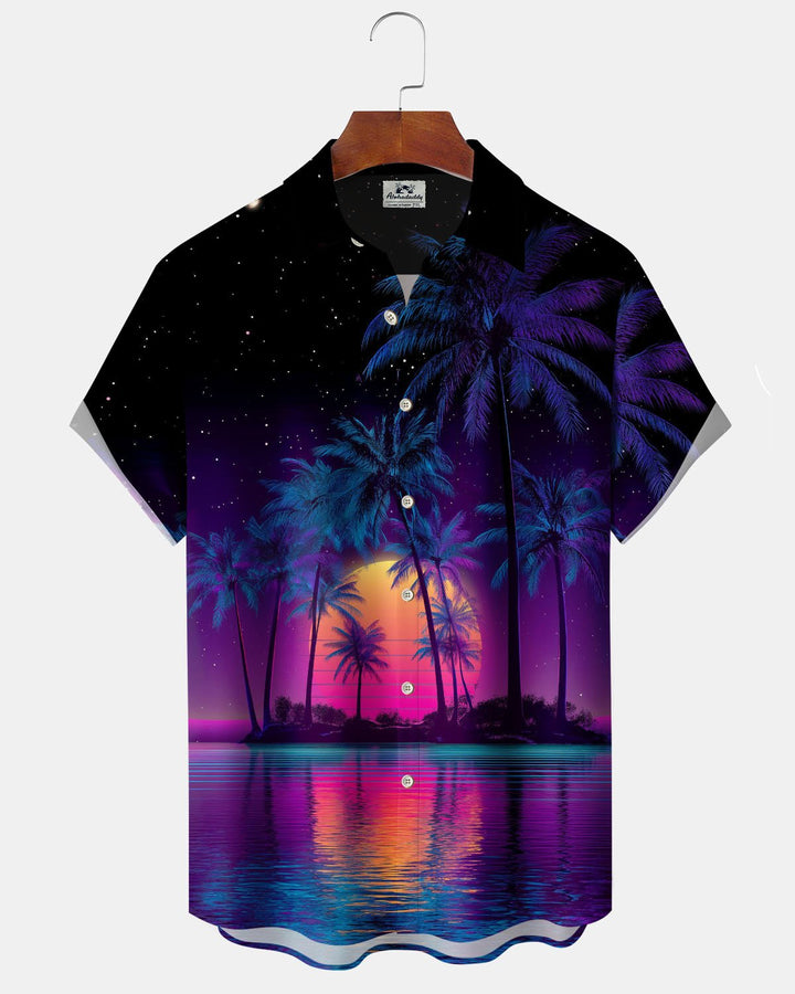 Alohadaddy® Hawaiian Palm Tree Vacation Print Art Pocket Buttons Stretch Men&