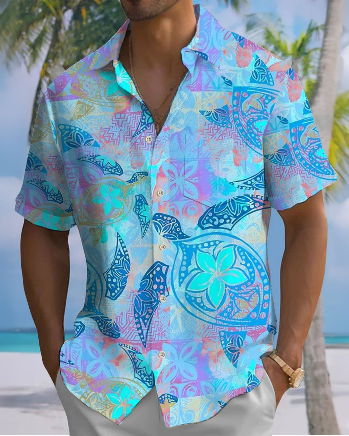 Alohadaddy® Hawaiian Turtle Geometric Print Art Pocket Button-Down Men's Short-Sleeve Shirt Big & Tall