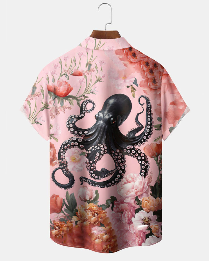 Alohadaddy® Hawaiian Floral Octopus Print Art Button-Down Short-Sleeve Shirt with Pockets for Men Big &amp; Tall