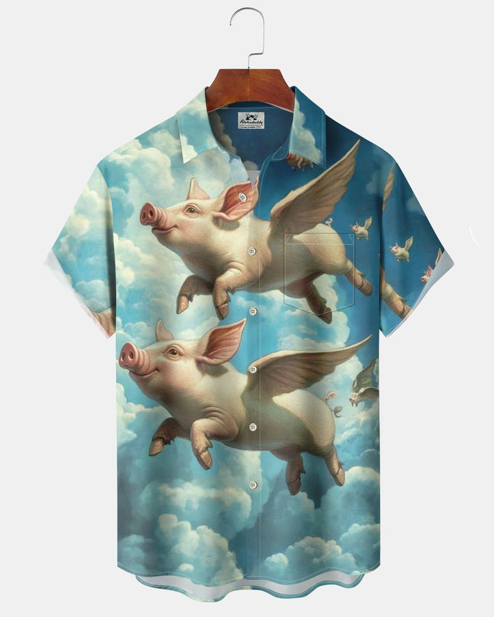 Alohadaddy® Hawaiian Fun Flying Pig Print Art Pocket Button Men&