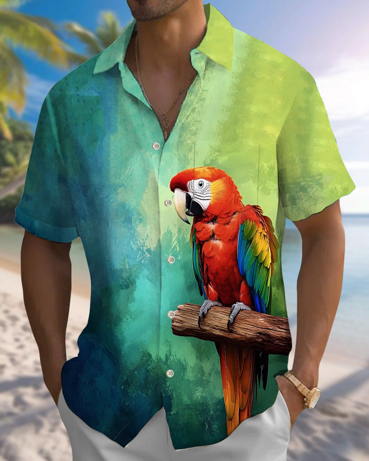 Alohadaddy® Hawaiian Parrot Print Art Button Pocket Cardigan Men&