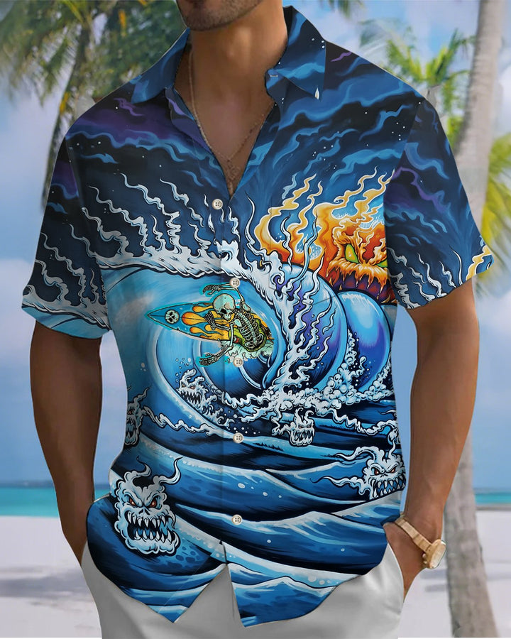 Alohadaddy® Retro Skull Surf Print Art, Button Pocket Cardigan Men&
