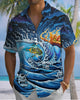 Alohadaddy® Retro Skull Surf Print Art, Button Pocket Cardigan Men's Short Sleeve Shirt Big & Tall