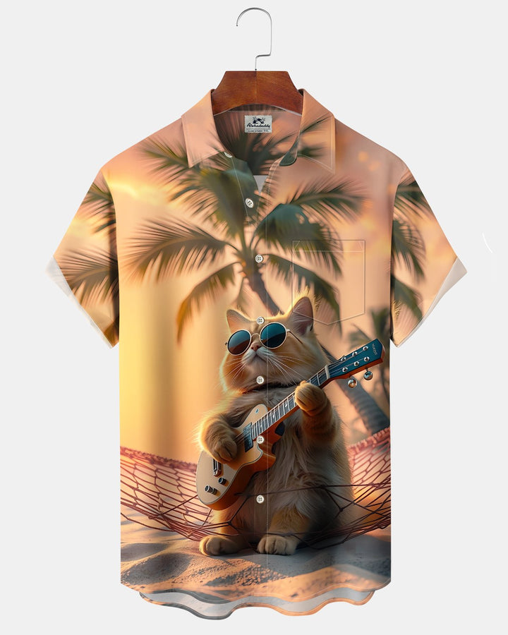 Alohadaddy® Hawaiian Cat Print Art Button Pocket Cardigan Men&