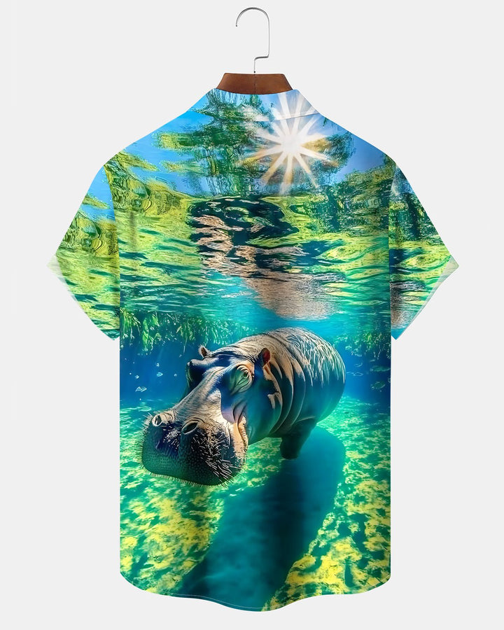 Alohadaddy® Hawaiian Hippo Print Art Button Pocket Cardigan Men&