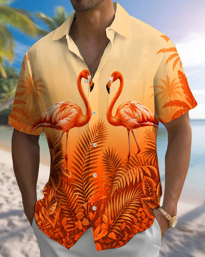 Alohadaddy® Hawaiian Flamingo Print Art Button Pocket Cardigan Men&
