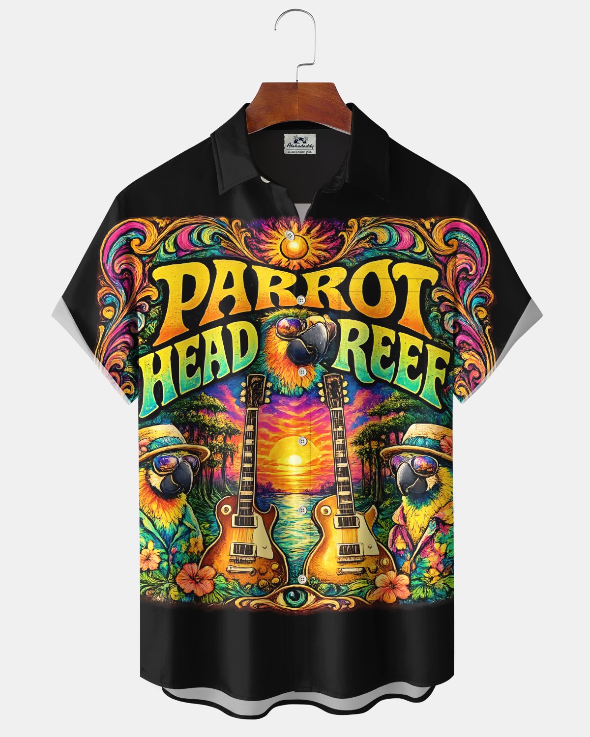Alohadaddy® Hawaiian Music Parrot Print Art, Button Pocket Cardigan, Men's Short-Sleeve Shirt