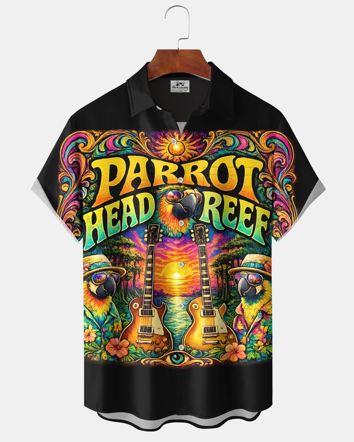 Alohadaddy® Hawaiian Music Parrot Print Art, Button Pocket Cardigan, Men&