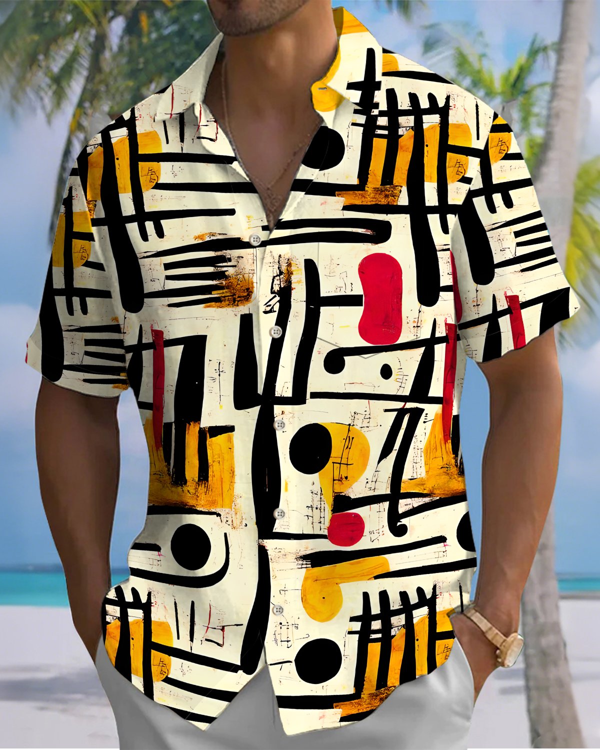 Alohadaddy® Men's Short-Sleeve Button-Down Shirt  Vintage Abstract Art Print with Pocket
