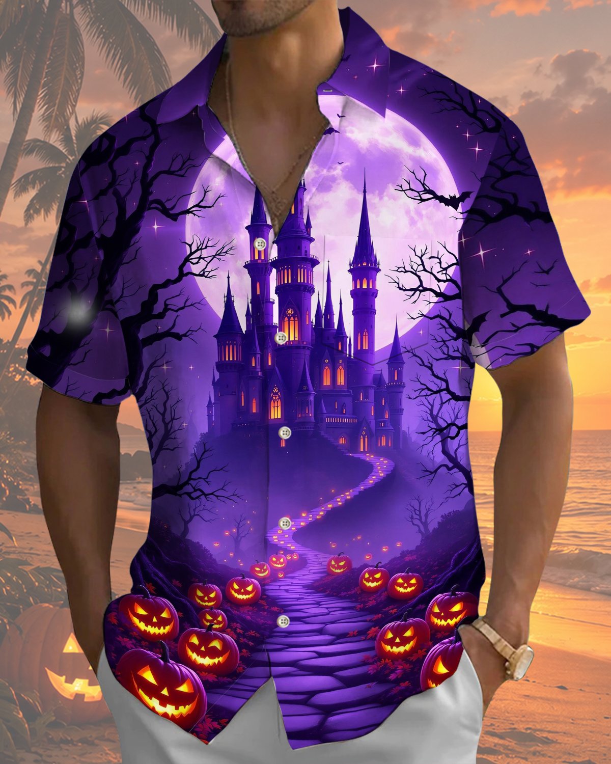 Alohadaddy® Men's Short-Sleeve Button-Down Shirt  Vintage Halloween Graphic Print with Pocket