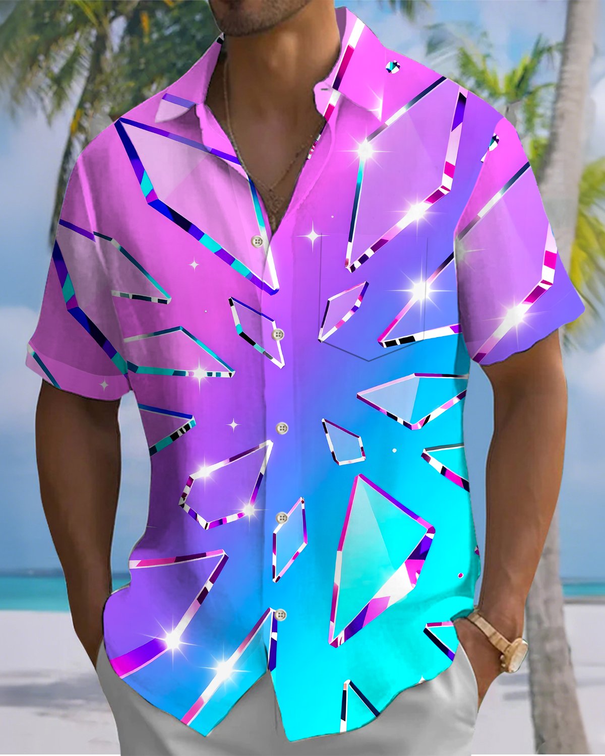 Alohadaddy® Men's Short-Sleeve Casual Cardigan Shirt  Gradient Print, Button-Front with Pockets