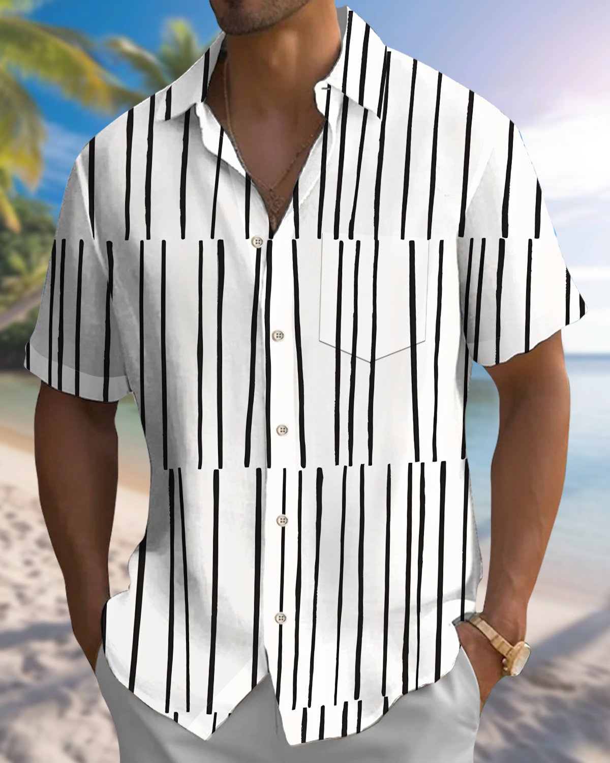 Alohadaddy® Men's Short-Sleeve Casual Shirt  Striped Art Print Button-Front Pocket  Cardigan Style