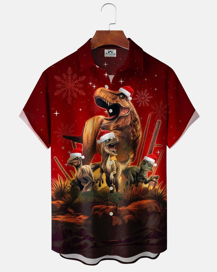Alohadaddy® Holiday Christmas Dinosaur Print Button-Down Short-Sleeve Shirt with Pocket for Men