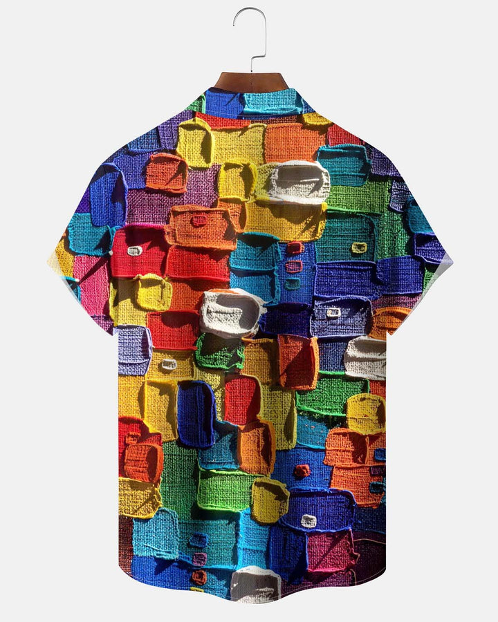 Alohadaddy® Men’s Short-Sleeve Button-Down Cardigan Shirt with Vintage Geometric Art Print and Pocket