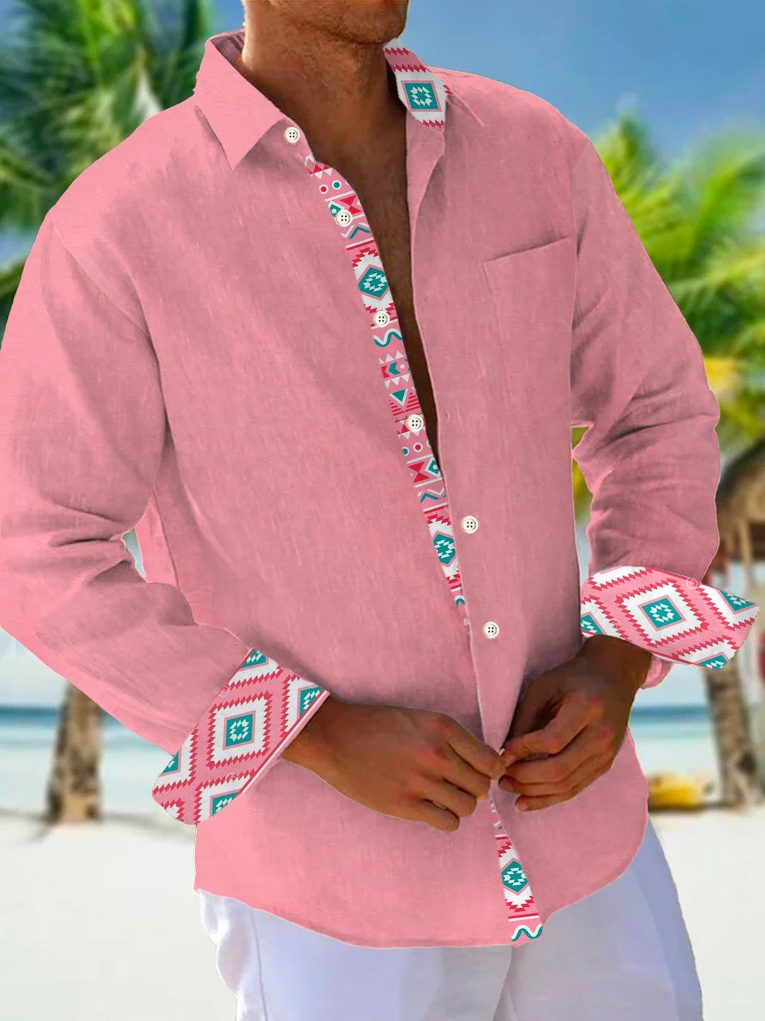 Camisa de manga larga con bolsillos abotonados para hombre con estampado geométrico Alohadaddy