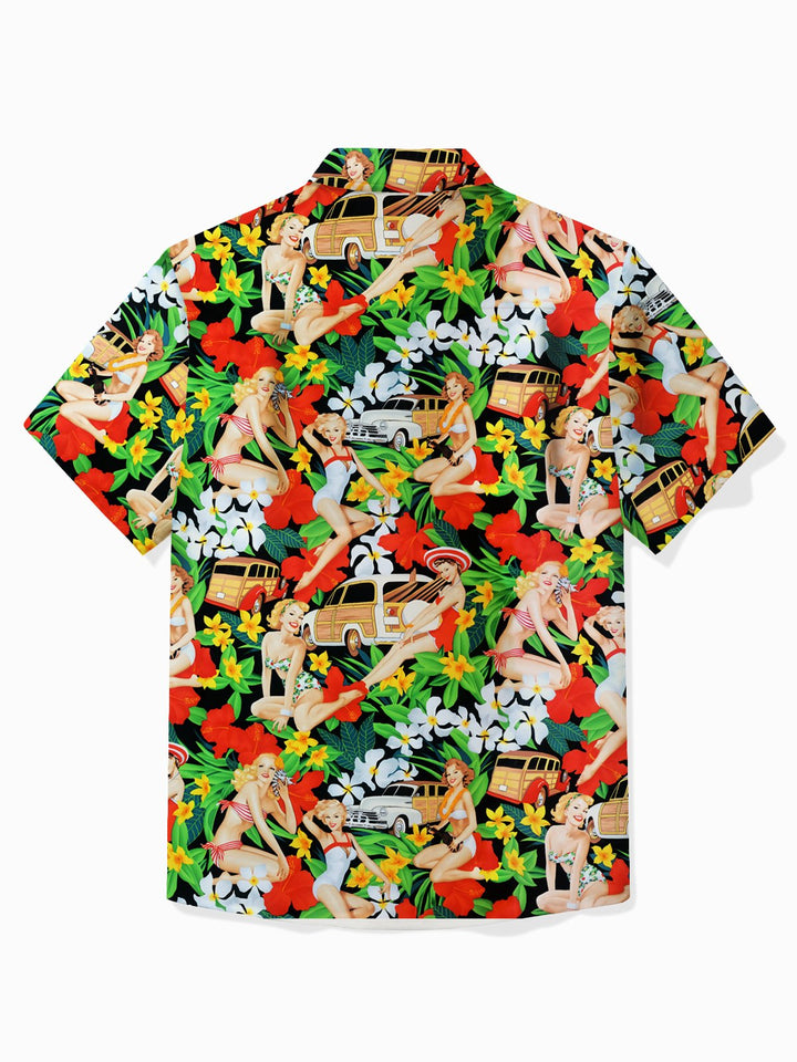 Camisa hawaiana con botones y bolsillo para hombre, estilo tropical, de Alohadaddy, con diseño floral y chica pin-up, talla grande