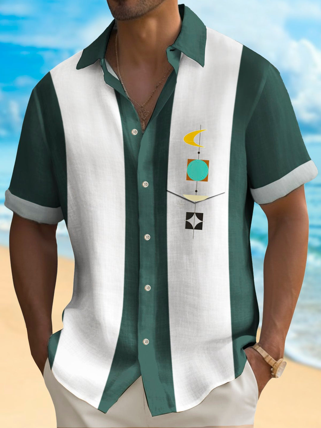 Camisa de acampada con bolsillo elástico y estampado geométrico medieval de bolos para hombre de Alohadaddy Vintage, talla grande