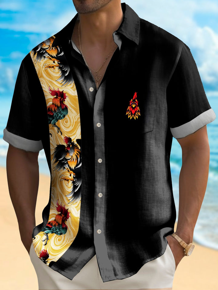 Alohadaddy Vintage Bowling Rooster Tattoo Designs Printed Chest Pocket Shirt Plus Size Men&