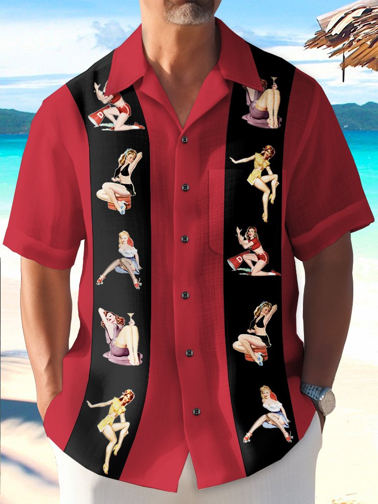 Alohadaddy Vintage Bowling Pin up Girls printed chest pocket shirt large size men&