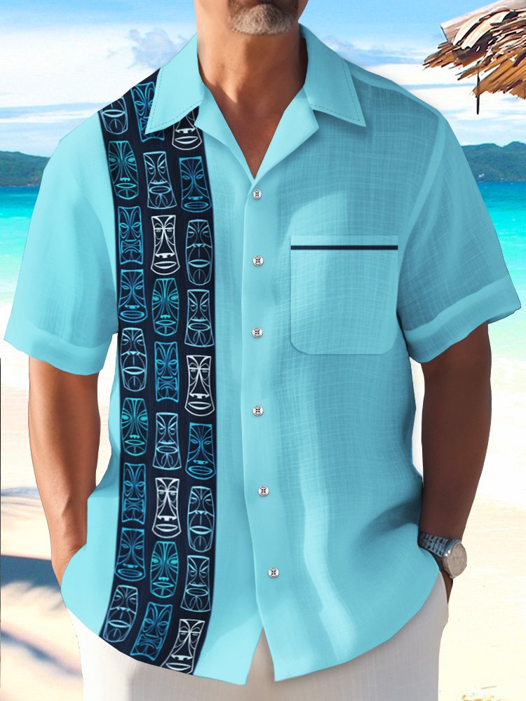 Alohadaddy Vintage Bowling Tiki Print Chest Pocket Shirt Plus Size Men&