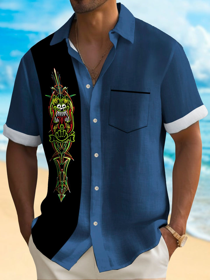 Alohadaddy Vintage Pinstripe Panel BowIing Printed Chest Pocket Shirt Large Size Men&