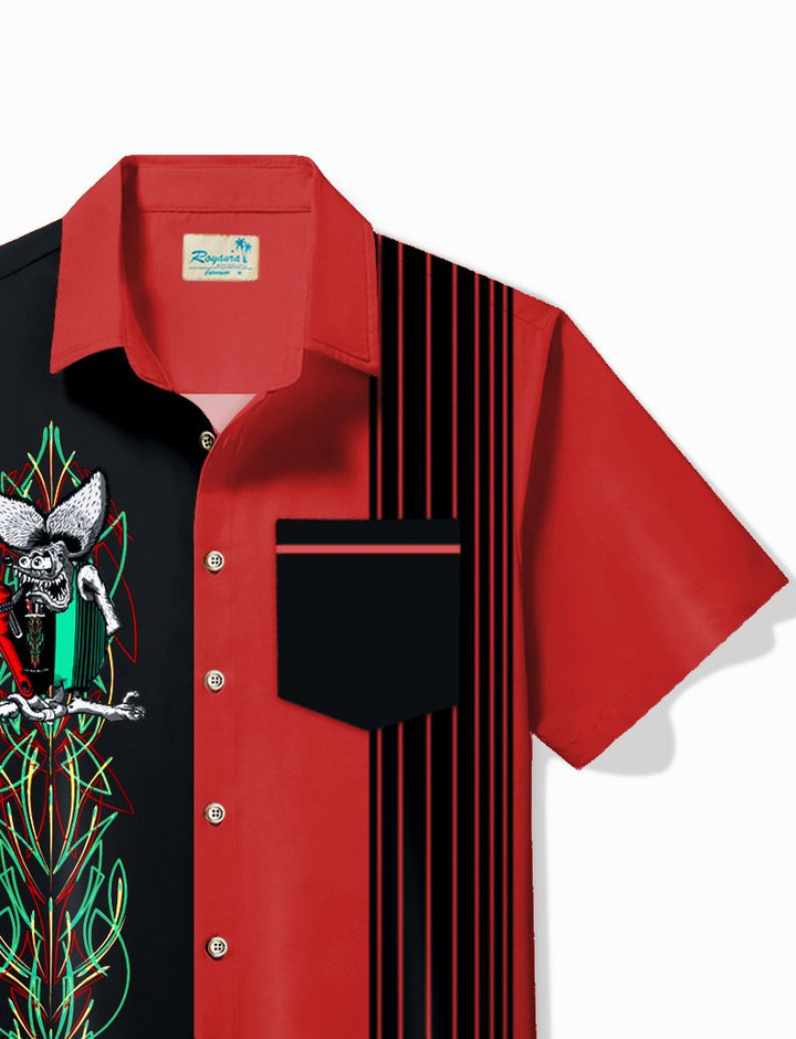 Alohadaddy Vintage Pinstripe Rat Fink Panel BowIing Printed Chest Pocket Shirt Large Size Men&