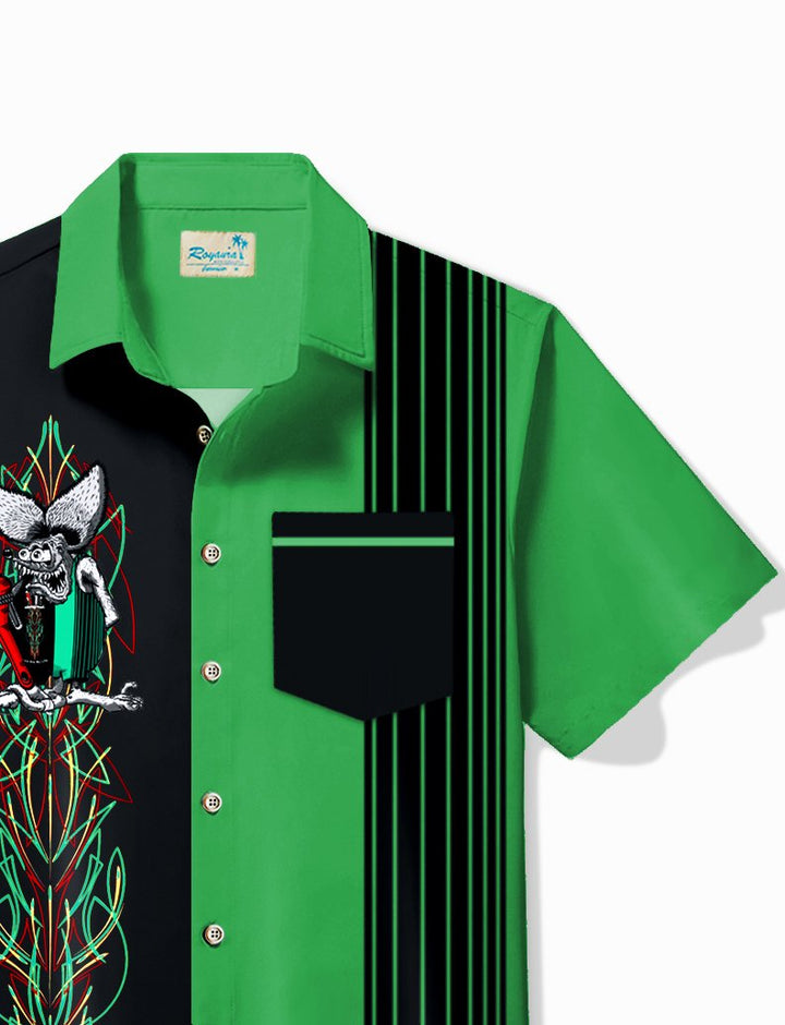 Alohadaddy Vintage Pinstripe Rat Fink Panel BowIing Printed Chest Pocket Shirt Large Size Men&