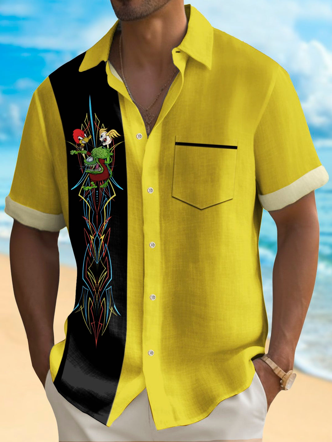 Alohadaddy Vintage Pinstripe Rat Fink flying eyeball Red Duck Panel BowLing Printed Chest Pocket Shirt Large Size Men&
