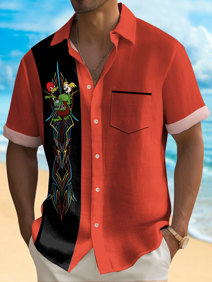 Alohadaddy Vintage Pinstripe Rat Fink flying eyeball Red Duck Panel BowLing Printed Chest Pocket Shirt Large Size Men&