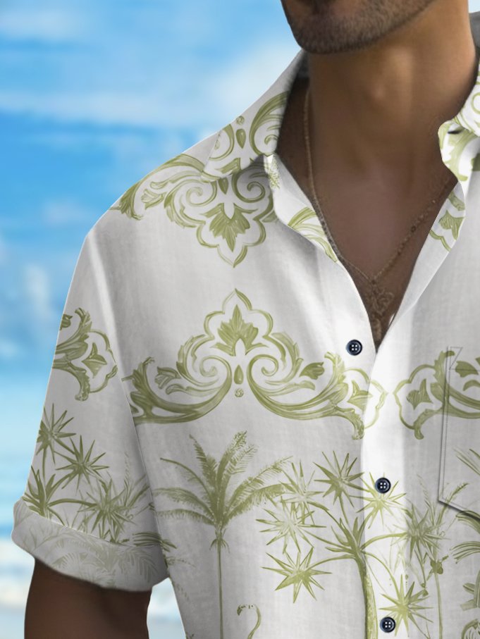 Alohadaddy Vintage Palm Tree Print Chest Pocket Shirt Plus Size Men&